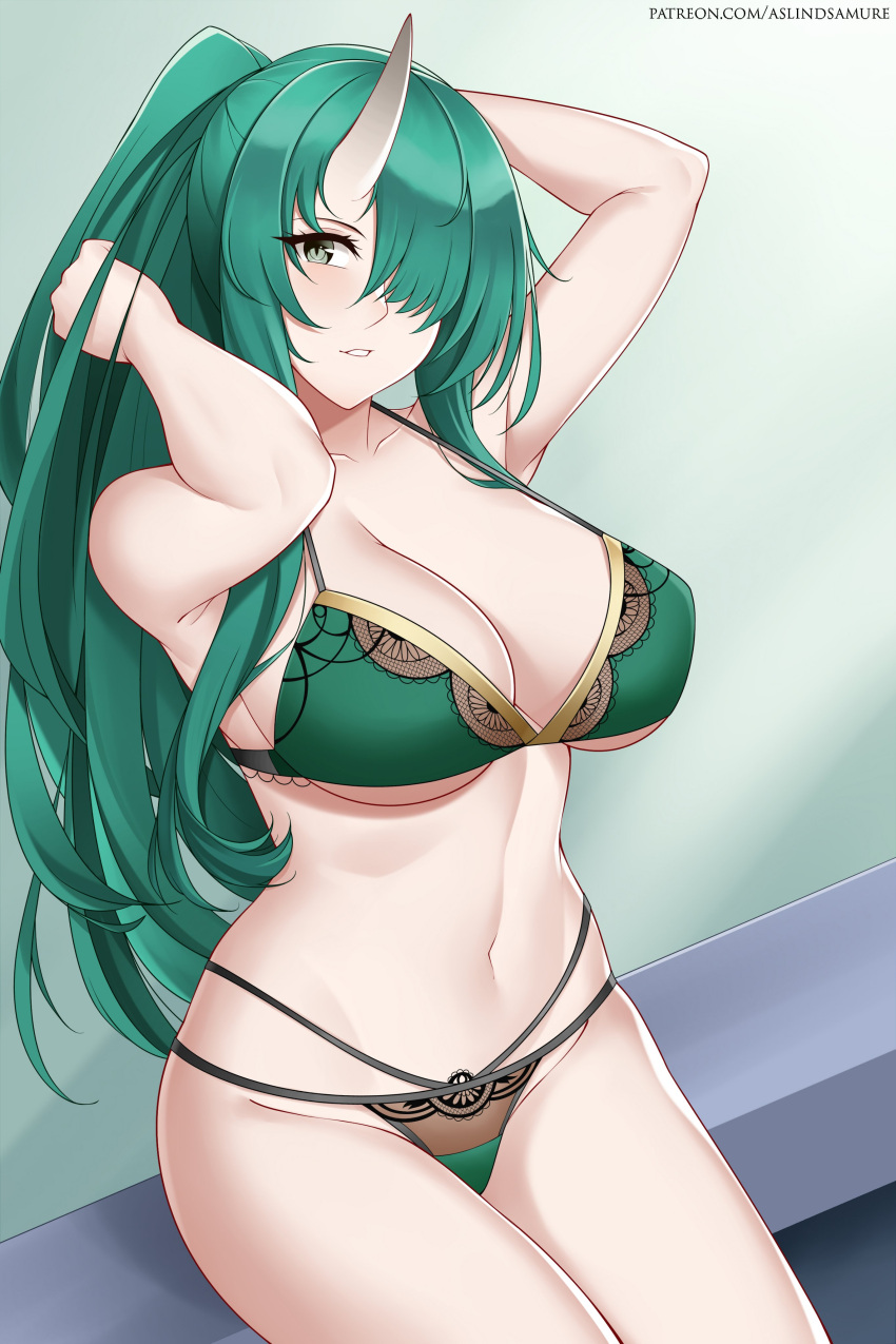 1girl absurdres adjusting_hair arknights arm_behind_head arms_up aslindsamure bangs banned_artist bare_shoulders bra breasts cleavage commentary english_commentary green_bra green_eyes green_hair green_panties hair_over_one_eye high_ponytail highres horns hoshiguma_(arknights) large_breasts long_hair looking_at_viewer navel oni_horns panties parted_lips patreon_username ponytail sideboob sidelocks single_horn sitting solo thighs underboob underwear watermark