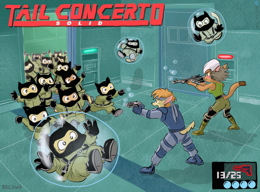 alicia_pris anthro bubble canid canine canis cosplay crossover crossover_cosplay cyberconnect2 domestic_dog felid feline female firing_weapon group gun hi_res konami little_tail_bronx male male/female mammal meryl metal_gear ranged_weapon rriesgo soldier solid_snake tail_concerto video_games waffle_ryebread warrior weapon