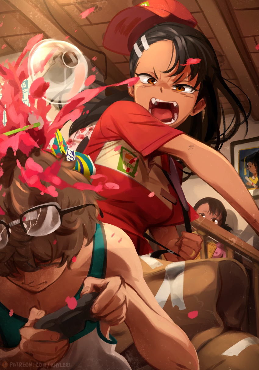 1boy 2girls 7-eleven absurdres armchair asymmetrical_bangs backpack bag bangs baseball_cap black_hair breasts broken_eyewear brown_eyes brown_hair chair closed_mouth commentary controller cup dark-skinned_female dark_skin disposable_cup drinking_straw english_commentary eyewear_on_head fangs foreshortening glasses hachiouji_naoto hair_ornament hair_over_one_eye hairclip hat highres holding holding_controller ijiranaide_nagatoro-san indoors khyle. long_hair looking_at_another medium_breasts multiple_girls nagatoro_hayase name_tag open_mouth patreon_logo patreon_username print_headwear print_shirt red_headwear red_shirt semi-rimless_eyewear shirt short_hair short_sleeves straight_hair strap_pull tank_top teeth throwing tsurime uniform upper_body v-shaped_eyebrows web_address