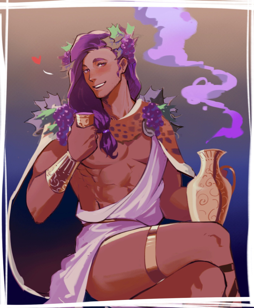 1boy alcohol blush cape chalice cup dark-skinned_male dark_skin dionysus_(hades) facial_hair food fruit gradient gradient_background grapes grin hades_(game) heart highres holding holding_cup laurel_crown long_hair low-tied_long_hair low_tied_hair male_focus pectorals purple_hair shadowlll2 smile smoke_trail solo stubble thigh_strap toga wine