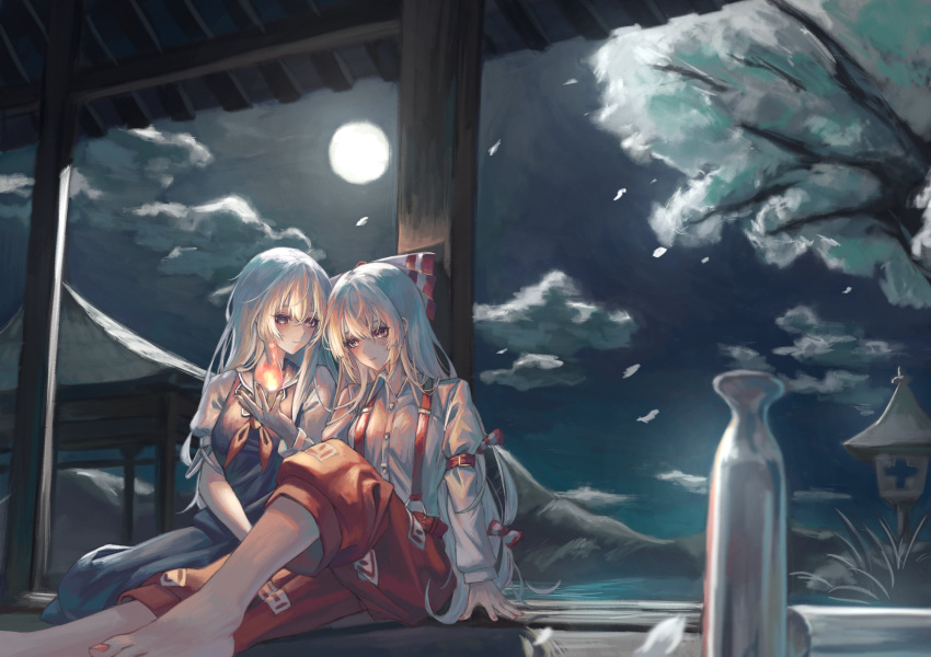 2girls absurdres arm_strap bangs barefoot blue_dress blush bottle bow closed_mouth cloud commentary_request dress fire flame foot_out_of_frame fujiwara_no_mokou full_moon hair_bow hand_on_ground highres hitosetugetu kamishirasawa_keine long_hair long_sleeves moon mountain multiple_girls nail_polish neckerchief night no_headwear pants pinafore_dress porch pyrokinesis red_bow red_nails red_neckerchief red_pants short_sleeves shoulder-to-shoulder sitting smile suspenders toenail_polish toenails touhou tree two-tone_bow white_bow