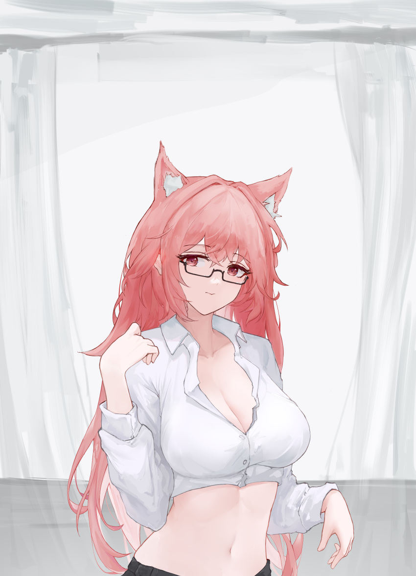 1girl :s absurdres alternate_costume animal_ear_fluff animal_ears arknights bespectacled black-framed_eyewear breasts bwb_hamstet cleavage closed_mouth collared_shirt crop_top glasses highres indoors large_breasts long_hair long_sleeves looking_at_viewer midriff navel pozyomka_(arknights) rectangular_eyewear red_eyes red_hair semi-rimless_eyewear shirt solo thighhighs under-rim_eyewear underwear underwear_only upper_body very_long_hair white_shirt window wolf_ears