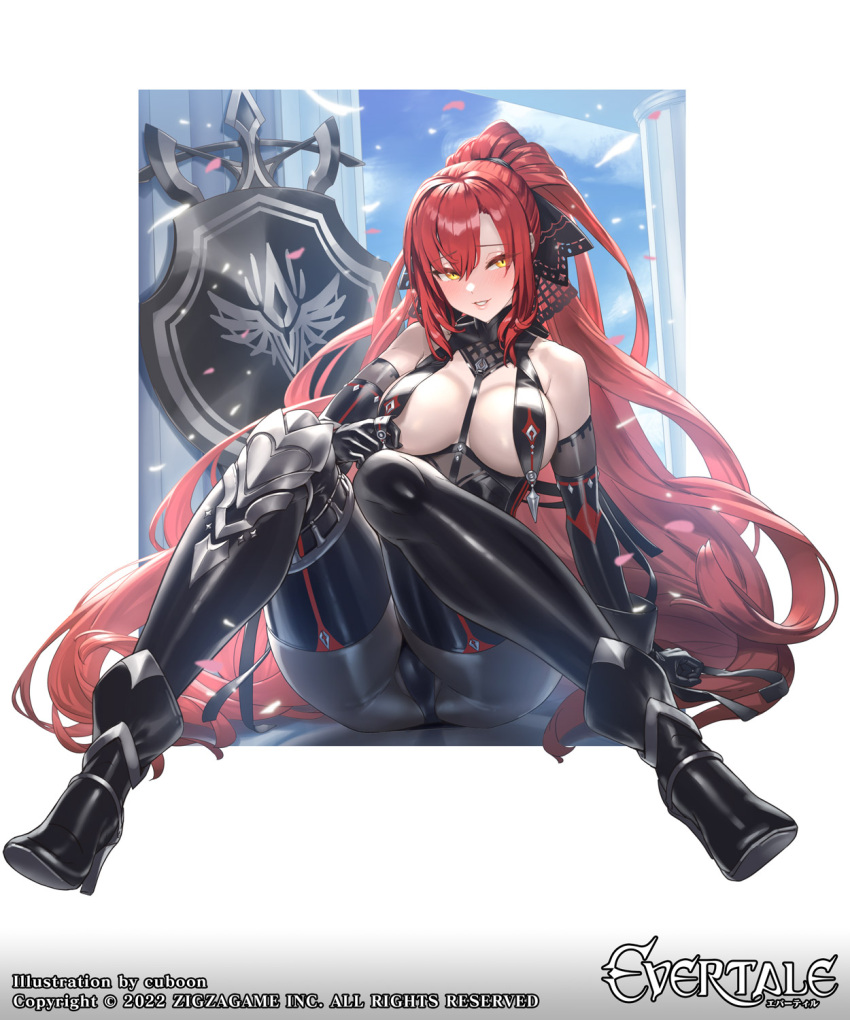 1girl bangs bare_shoulders black_dress boots cuboon dress elbow_gloves evertale gloves highres lips loincloth long_hair official_art red_hair revealing_clothes shiny shiny_clothes shiny_hair short_dress simple_background skin_tight sleeveless solo thigh_boots very_long_hair yellow_eyes