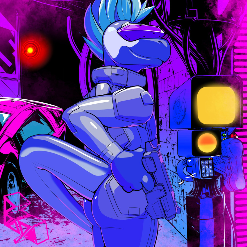 anthro blue_hair bogexplosion clothing covered_eyes detailed_background dinosaur dromaeosaurid futuristic gun hair hi_res holding_object holding_weapon male ranged_weapon raptor_(raptorboii) reptile scalie solo theropod tight_clothing velociraptor weapon