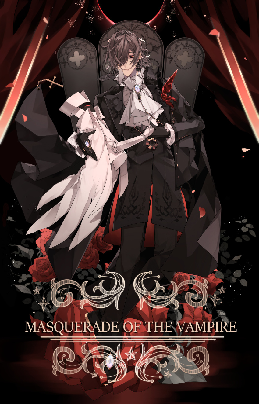 1boy absurdres antonio_salieri_(fate) antonio_salieri_(masquerade_of_the_vampire)_(fate) antonio_salieri_(second_ascension)_(fate) ascot black_background black_gloves brooch chain cross earrings eclipse english_text falling_petals fang fate/grand_order fate_(series) flower frilled_sleeves frills full_body gloves grey_hair hair_intakes hair_over_one_eye highres jewelry leaf light_particles long_sleeves male_focus mizuki_(mz) open_mouth petals red_eyes red_flower red_rose ring rose short_hair skin_fang smile solo star_(symbol) white_ascot