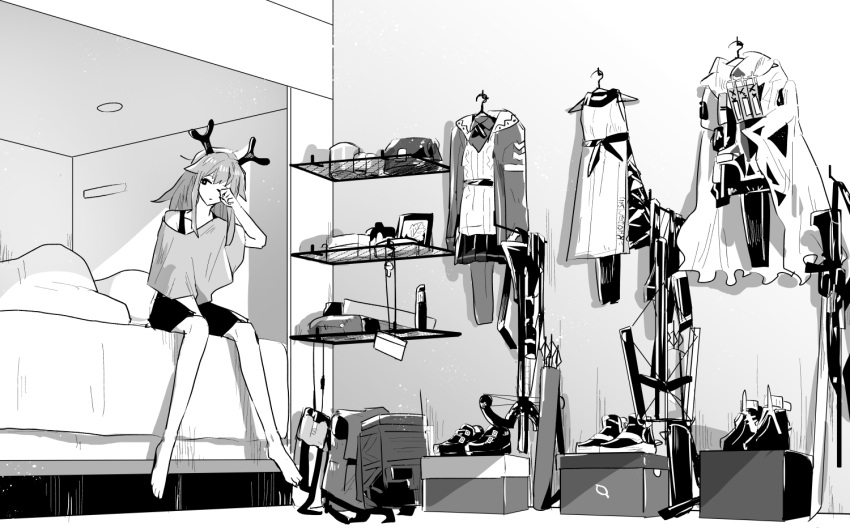 1girl animal_ears antlers arknights arrow_(projectile) bed box clothes_hanger crossbow deer_ears deer_girl dress firewatch_(arknights) full_body greyscale indoors iwashi_80 jacket looking_at_viewer monochrome off_shoulder quiver reindeer_antlers rubbing_eyes shelf shirt shoes shorts sitting solo waking_up