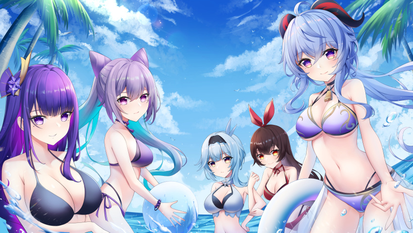 5girls absurdres adapted_costume ahoge alternate_costume amber_(genshin_impact) ass_visible_through_thighs ball bangs beachball bell bikini black_bikini black_hair blue_bikini blue_hair blue_sky bow breasts cleavage cloud coconut_tree cowboy_shot eula_(genshin_impact) ganyu_(genshin_impact) genshin_impact hairband halterneck highres horns innertube keqing_(genshin_impact) large_breasts long_hair looking_at_viewer low_ponytail medium_breasts multicolored_eyes multiple_girls navel neck_bell palm_tree pk_trap purple_bikini purple_eyes purple_hair raiden_shogun red_bikini red_bow sidelocks sky smile standing swimsuit thighs tree yellow_eyes