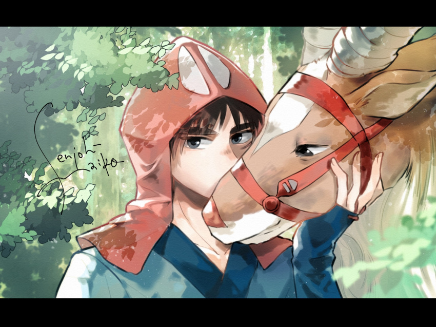 1boy animal ashitaka bangs blue_kimono bridle brown_hair elk grey_eyes hat japanese_clothes kimono letterboxed looking_at_viewer mononoke_hime outdoors senjoh_maiko short_hair signature solo studio_ghibli tree yakuru