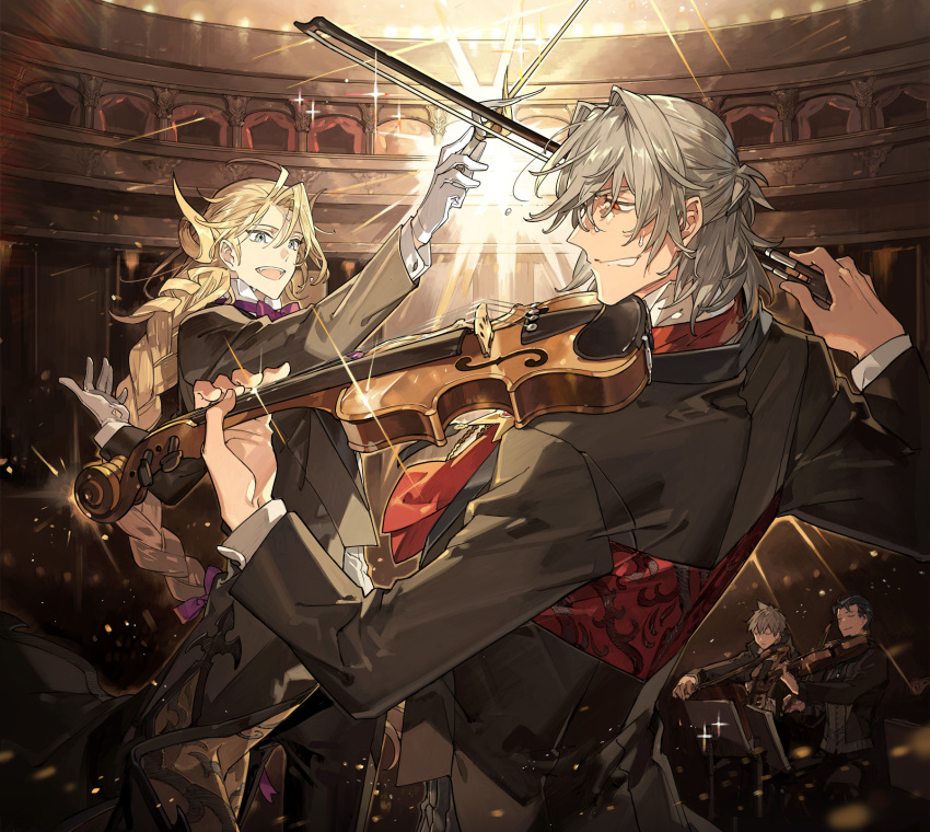 4boys :d album_cover antonio_salieri_(fate) antonio_salieri_(fgo_orchestra)_(fate) antonio_salieri_(second_ascension)_(fate) arm_up baton_(conducting) blonde_hair blue_eyes blue_hair bow_(music) braid braided_ponytail charles-henri_sanson_(fate) conductor cover curly_hair fangs fate/grand_order fate_(series) formal glint grey_hair hair_between_eyes hair_intakes half_updo highres instrument long_hair long_sleeves male_focus multiple_boys music music_stand official_art open_mouth orchestra playing_instrument sherlock_holmes_(fate) sherlock_holmes_(fgo_orchestra)_(fate) short_hair single_braid smile sparkle sweat violin