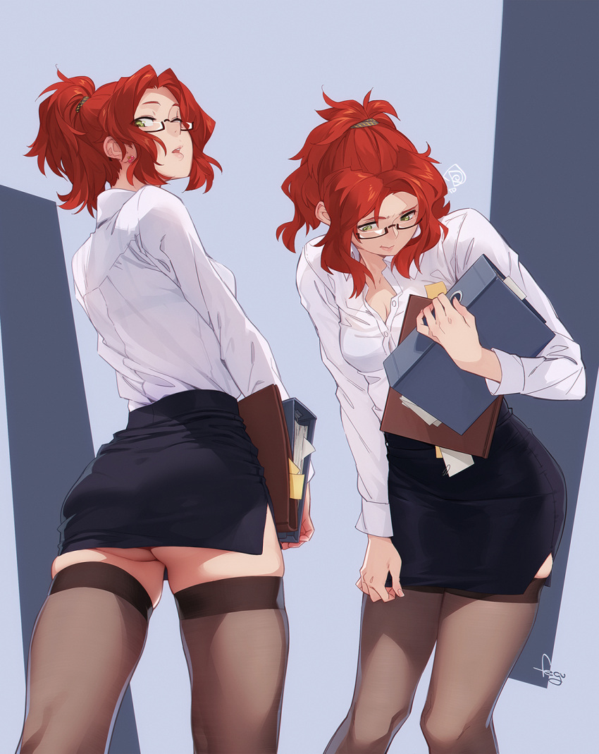 1girl ass black_skirt breasts closed_mouth collared_shirt earrings feguimel glasses green_eyes hair_ornament hair_scrunchie highres holding jewelry long_sleeves multiple_views office_lady open_mouth original pencil_skirt red_hair scrunchie semi-rimless_eyewear shirt shirt_tucked_in skirt skirt_tug squiggle thighhighs white_shirt