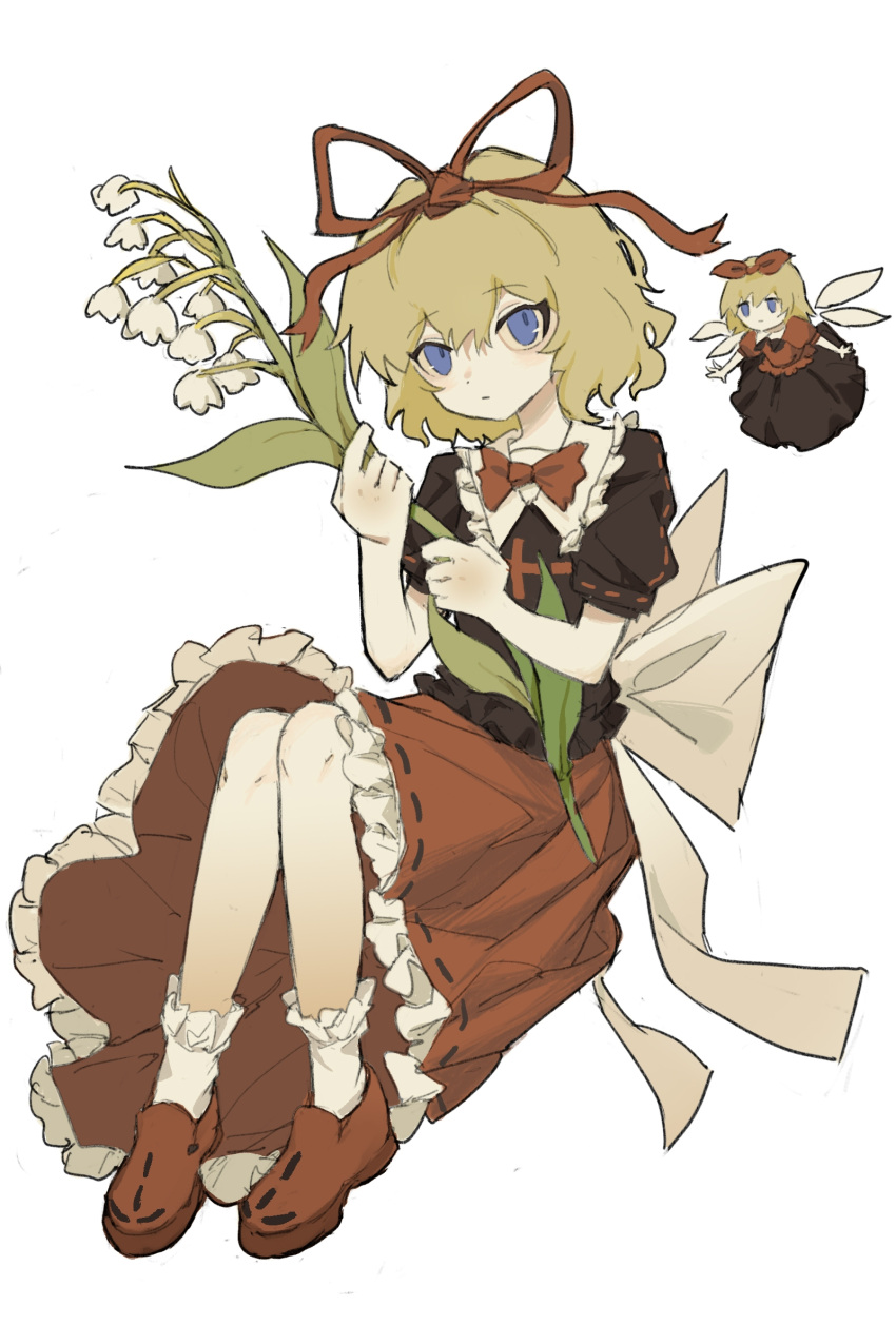 1girl absurdres black_shirt blonde_hair blue_eyes bow closed_mouth collared_shirt doll flower frilled_shirt_collar frilled_skirt frills hair_between_eyes hair_ribbon highres holding holding_flower lily_of_the_valley medicine_melancholy red_bow red_ribbon red_skirt ribbon shirt shiye_hong short_hair short_sleeves simple_background skirt su-san touhou white_background