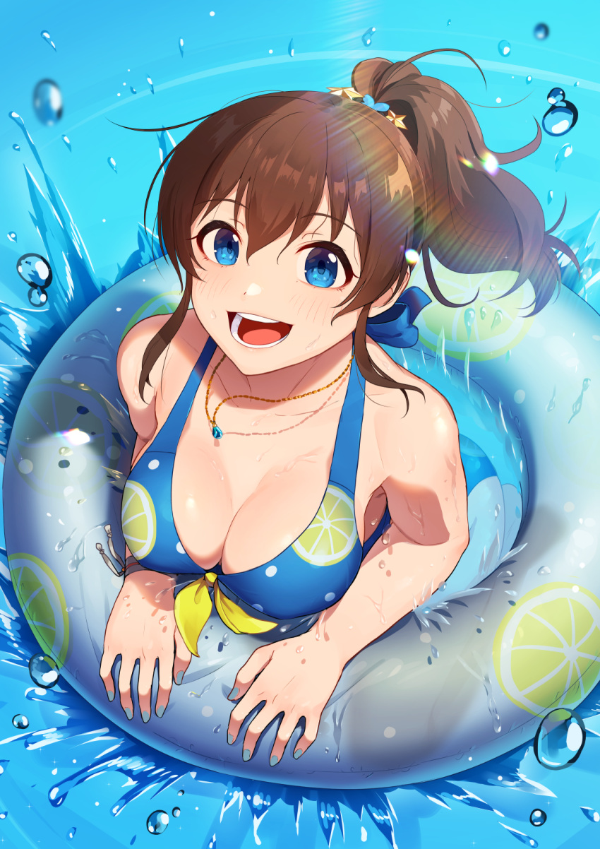 1girl bare_shoulders bikini blue_eyes blue_nails breasts brown_hair cleavage collarbone from_above front-tie_bikini front-tie_top highres idolmaster idolmaster_million_live! idolmaster_million_live!_theater_days innertube jewelry kamille_(vcx68) lemon_print long_hair looking_at_viewer medium_breasts necklace open_mouth partially_submerged ponytail satake_minako sidelocks smile solo splashing swimsuit water