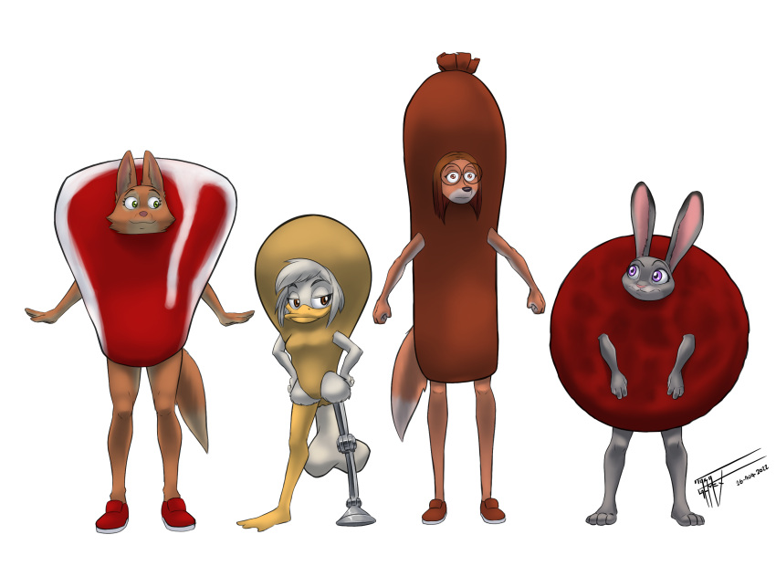 anatid anseriform anthro avian beef bird burger burger_costume canid canine canis chicken_costume clothing costume della_duck diane_foxington disney domestic_dog dreamworks duck female food food_costume fox group hi_res hunting_dog judy_hopps kigtoons lagomorph leporid mammal meat rabbit saluki sausage sausage_costume sighthound steak steak_costume suki_lane taka_studio the_bad_guys zootopia