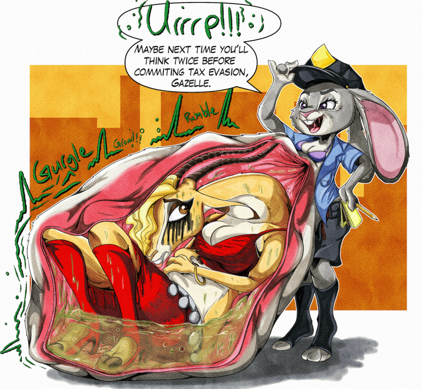 antelope anthro belly big_belly bodily_fluids bottomwear bovid bra breasts buckteeth burping clothing digital_media_(artwork) disney duo emanata eyeshadow female female/female female_pred female_prey footwear gazelle gazelle_(zootopia) high_heels hyper hyper_belly internal judy_hopps killboo lagomorph larger_female larger_prey leporid long_neck makeup mammal medium_breasts midriff notebook open_mouth open_toe_footwear oral_vore organs peaked_cap pencil_(object) police_officer police_uniform rabbit rumbling_stomach running_mascara shorts size_difference smaller_female smaller_pred stomach stomach_acid struggling talking_to_another teeth thomson's_gazelle true_antelope underwear uniform unseen_character vore zootopia