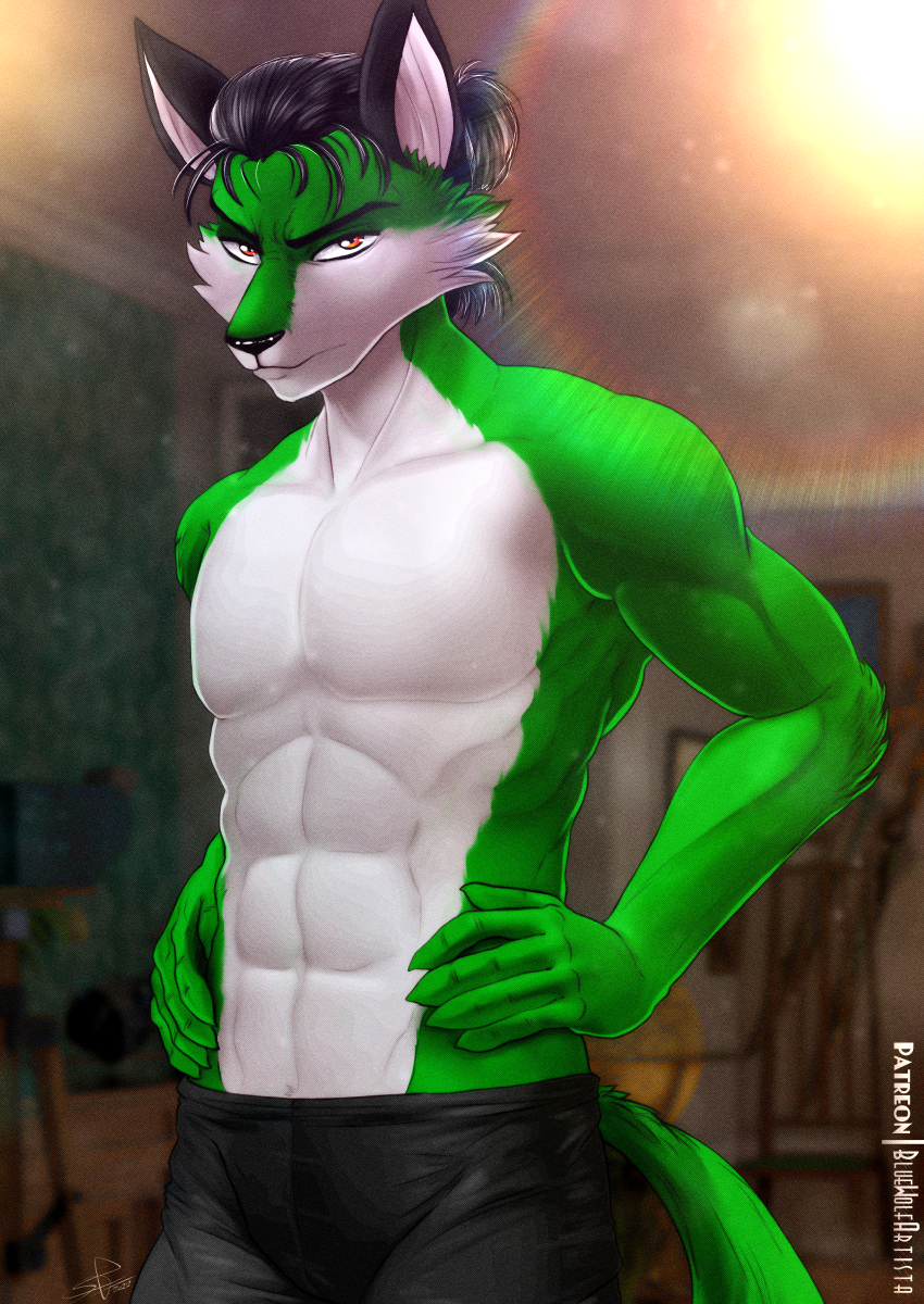 2022 5_fingers absurd_res anthro artist_name black_bottomwear black_clothing bluewolfartista blurred_background bottomwear canid canine clothed clothing fingers fox fur green_body green_fur hair hi_res inside male mammal patreon solo topless topless_anthro topless_male unamused white_body white_fur