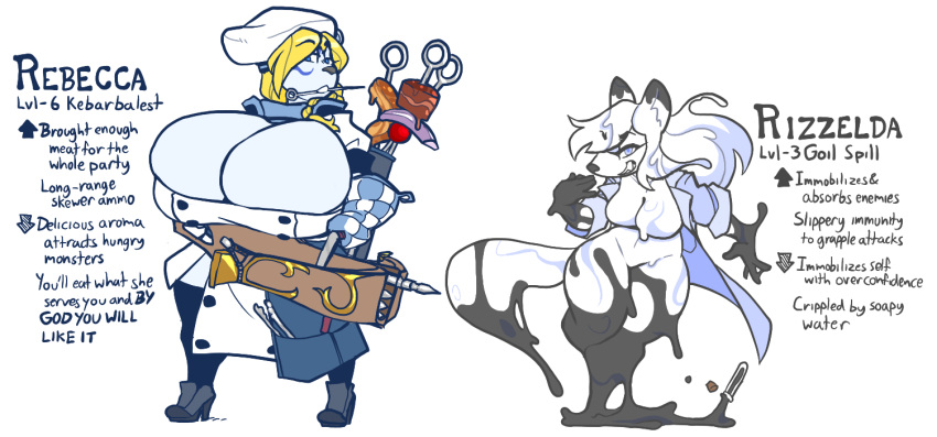 2018 anthro apron big_breasts blonde_hair blue_eyes breasts canid canine chef chef_hat chef_uniform cleavage clothed clothed/nude clothing crossbow duo english_text female flask food fox goo_creature hair handwear hat headgear headwear huge_breasts jinti_(artist) kebab mammal nude oven_mitts partially_clothed ponytail purple_eyes ranged_weapon rebecca_(disambiguation) rizzelda skewer slime teeth text tongs tools ursid weapon
