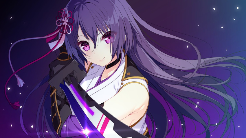 1girl bangs black_collar black_gloves closed_mouth collar floating_hair game_cg gloves hair_between_eyes hair_ribbon holding holding_sword holding_weapon honda_tamanosuke kamiizumi_saya katana kizuna_kirameku_koi_iroha long_hair looking_at_viewer pink_ribbon purple_background purple_hair red_eyes red_ribbon ribbon shiny shiny_hair smile solo sword upper_body very_long_hair weapon