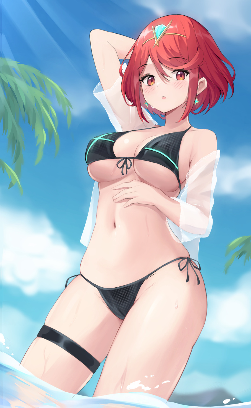 1girl absurdres bare_shoulders bikini breasts cleavage collarbone cowboy_shot front-tie_bikini front-tie_top hair_between_eyes highres large_breasts looking_at_viewer medium_hair micro_bikini navel open_mouth outdoors plo1154 pyra_(xenoblade) red_eyes red_hair side-tie_bikini sky solo swimsuit tiara underboob wading water xenoblade_chronicles_(series) xenoblade_chronicles_2