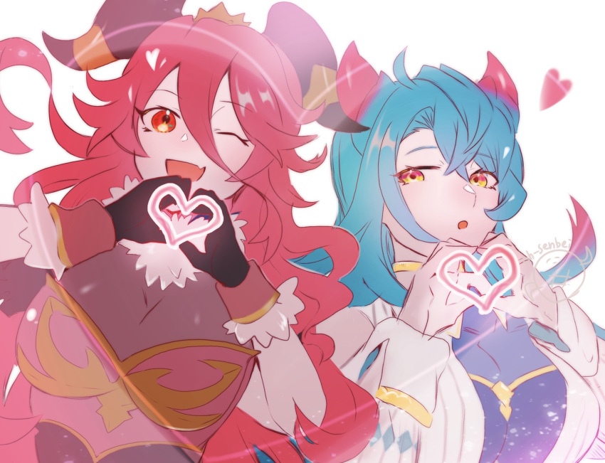 2girls bangs black_gloves blue_hair dragalia_lost fang gloves hair_between_eyes heart heart_hands highres long_hair looking_at_viewer mercury_(dragalia_lost) multicolored_hair multiple_girls mym_(dragalia_lost) oh01861884 one_eye_closed open_mouth red_eyes red_hair skin_fang upper_body very_long_hair white_background
