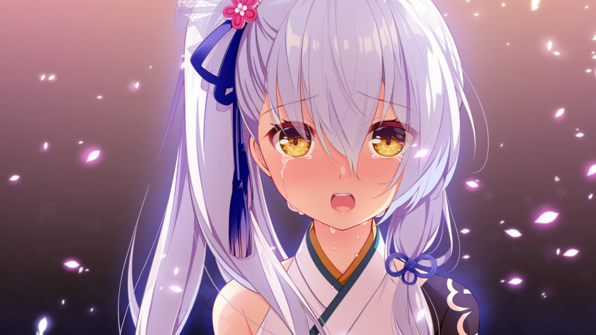 1girl blue_ribbon blush crying crying_with_eyes_open flower game_cg grey_background hair_flower hair_ornament hair_ribbon honda_tamanosuke kizuna_kirameku_koi_iroha long_hair looking_at_viewer open_mouth portrait red_flower ribbon shiny shiny_hair solo suzakuin_tsubaki tears white_hair yellow_eyes