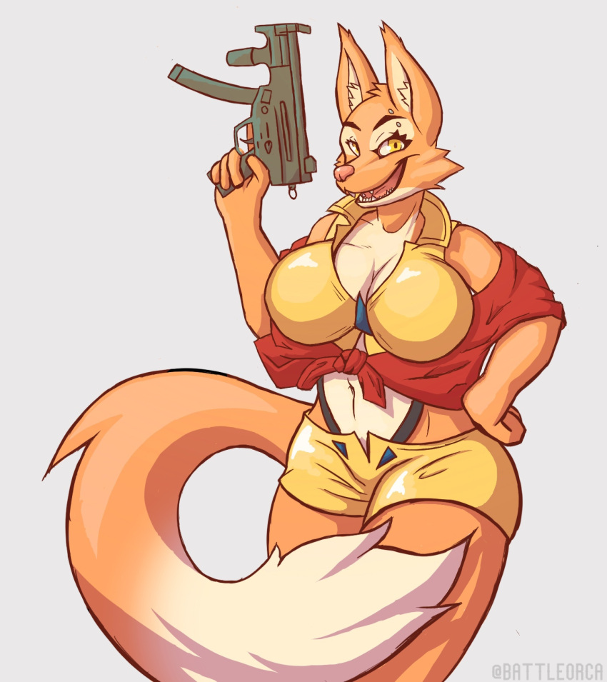 anthro big_breasts bottomwear breasts canid canine cleavage clothed clothing cosplay costume crop_top diane_foxington digital_media_(artwork) dreamworks female fox fur gun hair hi_res hotpants looking_at_viewer mammal midriff mp5k navel open_mouth randt ranged_weapon shirt shorts simple_background smile solo suspenders sweater the_bad_guys topwear weapon