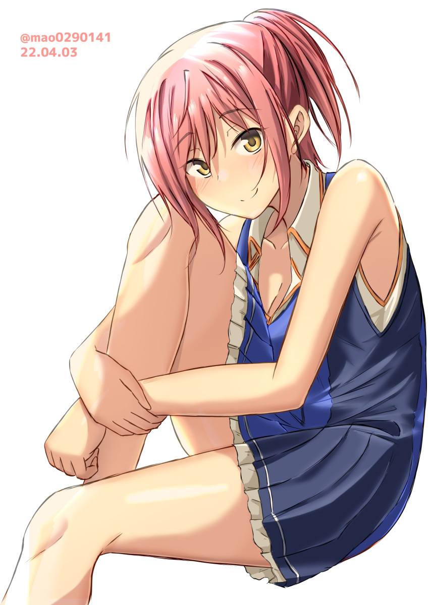 1girl absurdres baldr_(series) baldr_sky breasts cleavage collarbone dated dress from_side highres hugging_own_legs looking_at_viewer m.a.o nagisa_chinatsu pink_hair ponytail short_hair sitting sleeveless sleeveless_dress smile solo twitter_username white_background yellow_eyes