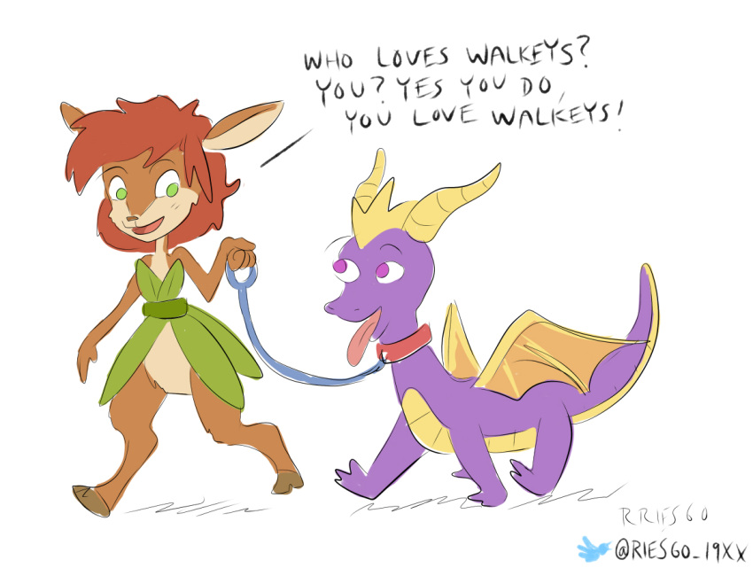 activision anthro brown_body brown_fur collar dog_walking dragon duo elora faun_(spyro) female fur green_eyes hair hooves male purple_body purple_eyes purple_skin red_hair rriesgo sketch spyro spyro_the_dragon tongue tongue_out video_games walking