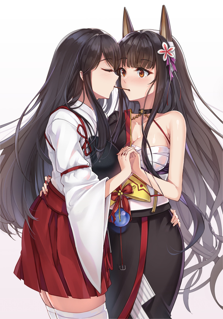 2girls akagi_(kancolle) akagi_(warship_girls_r) aoi_(buzhuen444) artist_request bangs black_hair black_kimono blunt_bangs blush breasts brown_eyes brown_hair check_artist cleavage closed_eyes collarbone crossover dual_persona food hair_ornament hakama hakama_short_skirt hakama_skirt headgear heart highres holding_hands interlocked_fingers japanese_clothes kantai_collection kimono large_breasts long_hair long_sleeves multiple_girls muneate namesake obi pocky pocky_kiss red_hakama remodel_(warship_girls_r) sarashi sash shared_food simple_background skirt thighhighs warship_girls_r white_background white_thighhighs wide_sleeves yuemanhuaikong yuri