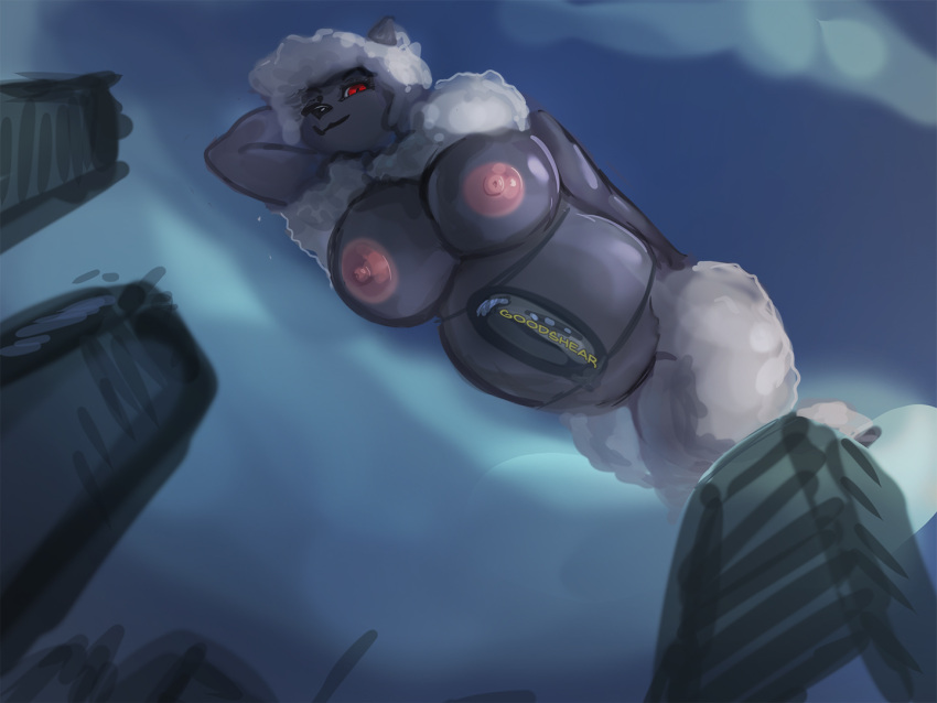 2021 aircraft airship anthro big_breasts bovid breasts caprine cloud day digital_media_(artwork) english_text female floating fur general-irrelevant looking_at_viewer low-angle_view macro mammal outside red_eyes sheep smile solo text white_body white_fur white_wool wool_(fur)