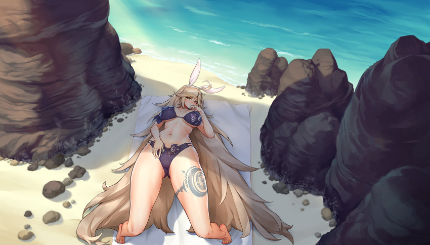 1girl ahoge animal_ears arched_back ass_visible_through_thighs bad_id barefoot beach bikini blonde_hair blush body_bridge breasts closed_mouth fake_animal_ears faucre_the_evil_overlord full_body game_cg groin hand_on_own_crotch hand_to_own_mouth headband highres inactive_account kakiman large_breasts last_origin leg_tattoo linea_alba long_hair navel nude ocean official_alternate_costume official_art ofuda ofuda_on_clothes outdoors purple_bikini rabbit_ears rock shadow swimsuit tachi-e tattoo thick_thighs thighs tiptoes towel underboob very_long_hair white_towel wide_hips yellow_eyes