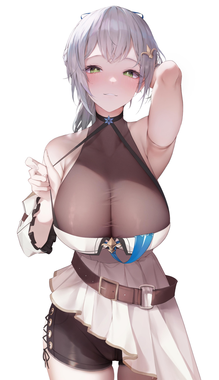 1girl absurdres armpits bangs belt blush breasts cleavage covered_collarbone cross-laced_slit detached_sleeves dodari dress green_eyes grey_hair hair_between_eyes highres hololive large_breasts long_hair looking_at_viewer shirogane_noel shorts smile snowflake_choker solo virtual_youtuber white_background