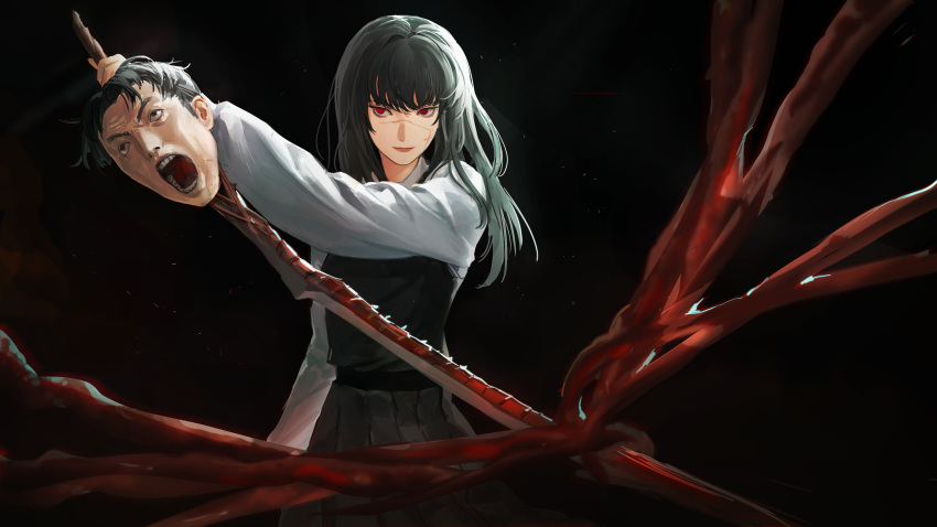 1girl absurdres arm_at_side bangs belt black_background black_belt black_dress black_hair chainsaw_man devil_lo dress highres holding holding_sword holding_weapon long_hair long_sleeves looking_to_the_side mitaka_asa organs outstretched_arm pinafore_dress red_eyes ringed_eyes scar scar_on_cheek scar_on_face school_uniform serious severed_head shirt sideways_glance solo standing sword war_devil_(chainsaw_man) weapon white_shirt