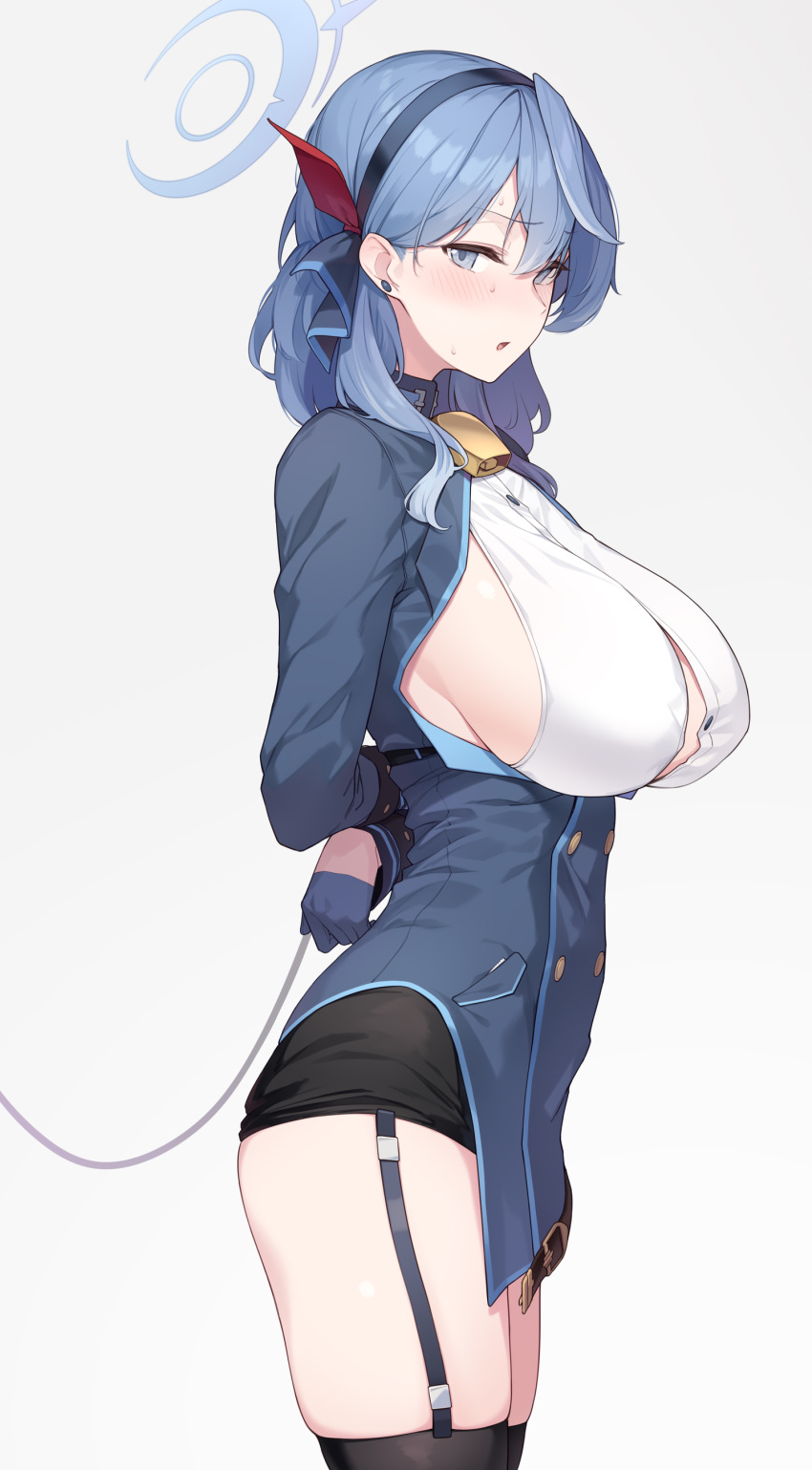 1girl absurdres ako_(blue_archive) arms_behind_back bangs bell black_skirt black_thighhighs blue_archive blue_eyes blue_hair blue_jacket blush breasts collar enosan garter_straps gloves hair_between_eyes hairband half_gloves halo highres jacket large_breasts leash long_hair long_sleeves looking_at_viewer neck_bell sideboob skirt solo thighhighs thighs