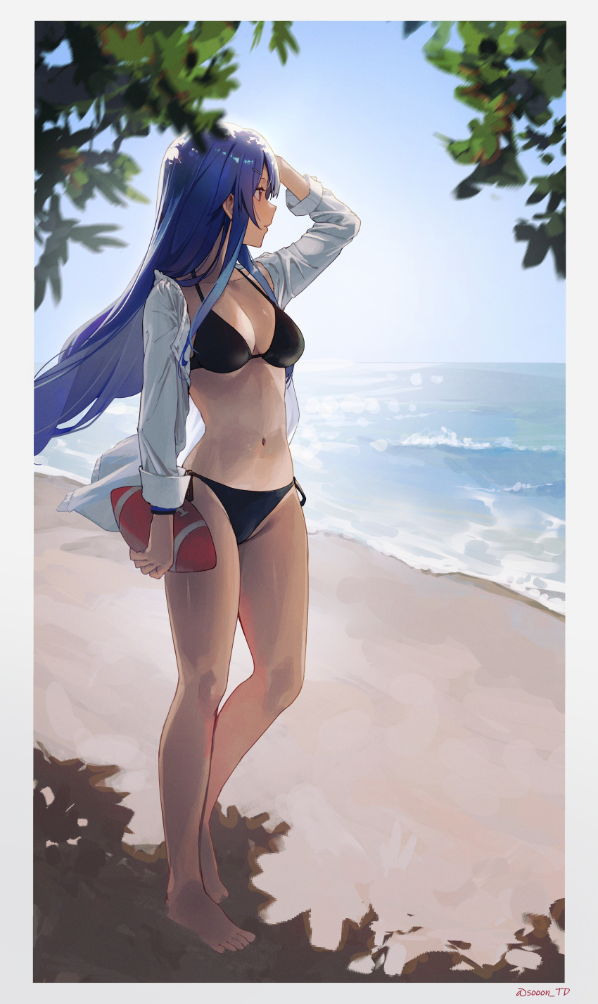 1girl absurdres artist_name ball bare_legs barefoot beach bikini black_bikini blue_hair blue_sky blurry blurry_foreground border breasts cleavage day full_body halterneck hand_on_own_head highres holding holding_ball leaf long_hair looking_afar medium_breasts navel ocean open_clothes open_shirt original outdoors parted_lips rugby_ball sand shade shirt side-tie_bikini sky solo sooon standing stomach string_bikini swimsuit white_border white_shirt