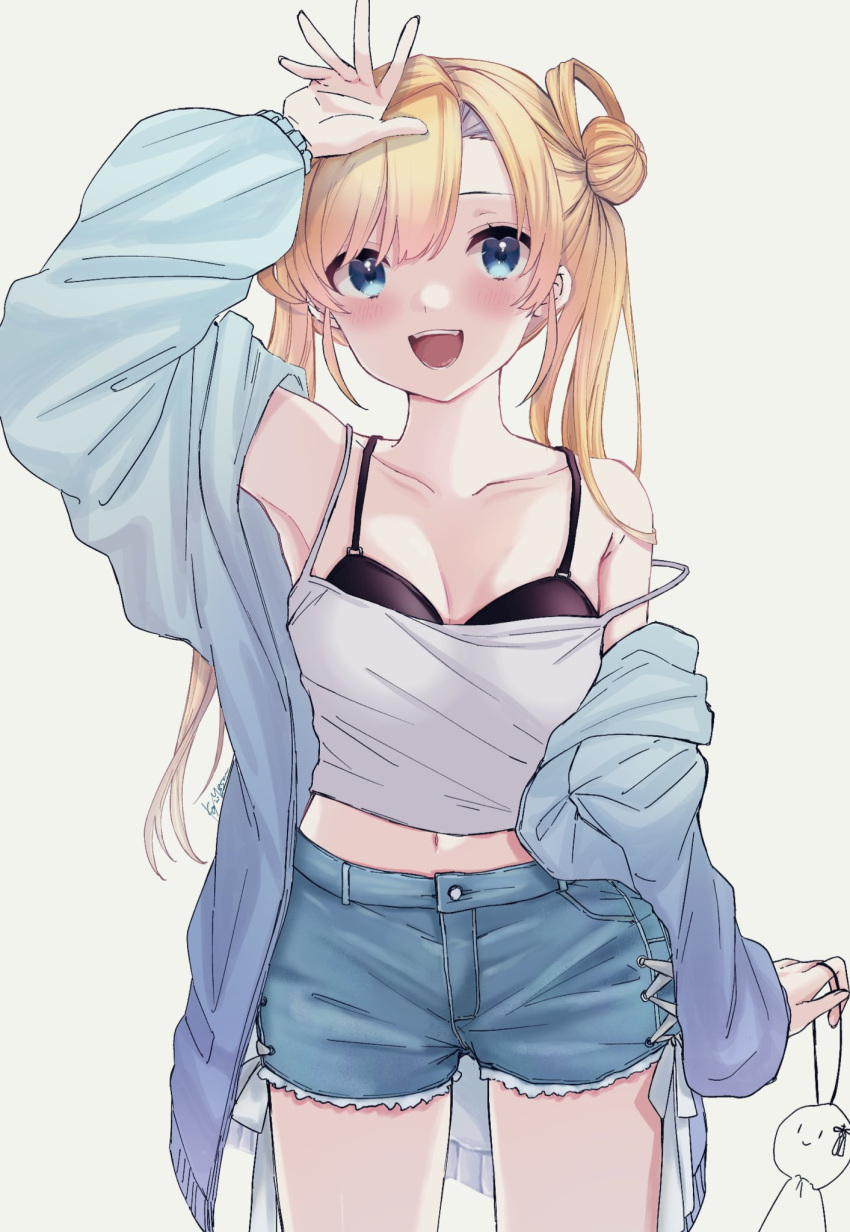 1girl abukuma_(kancolle) black_bra blonde_hair blue_eyes blue_jacket blue_shorts blush bra collarbone cowboy_shot double_bun hair_bun hair_rings highres jacket kamisuiori kantai_collection long_hair long_sleeves navel open_clothes open_jacket open_mouth shorts signature simple_background smile solo teruterubouzu underwear white_background