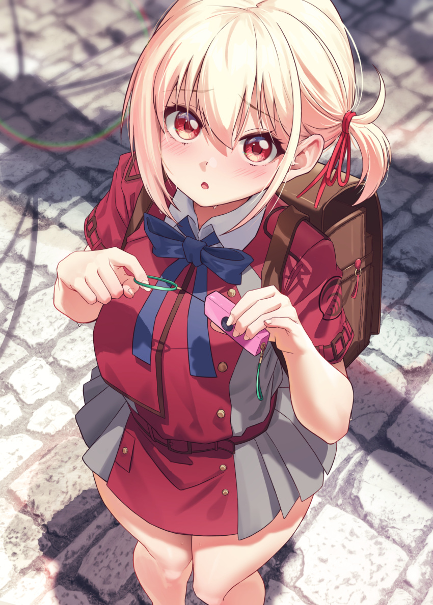 1girl :o alternate_hairstyle backpack bag bangs belt blonde_hair blue_ribbon brown_bag day dress from_above grey_dress hair_ribbon hands_up highres holding looking_at_viewer looking_up lycoris_recoil lycoris_uniform neck_ribbon nishikigi_chisato outdoors parted_lips pleated_dress rainbow raised_eyebrows red_belt red_eyes red_ribbon ribbon short_ponytail side_ponytail solar_(happymonk) solo two-tone_dress