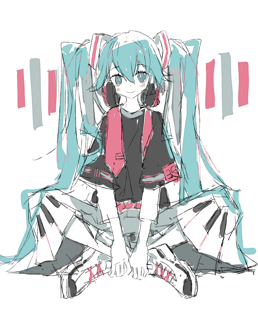 1girl baggy_clothes bangs belt belt_buckle black_shirt blue_eyes blue_hair blush buckle commentary dot_nose english_commentary hair_between_eyes hands_on_feet hatsune_miku headphones headphones_around_neck highres indian_style limited_palette long_bangs long_hair looking_at_viewer melanbread necktie necktie_removed piano_print shirt shoes short_sleeves simple_background sitting sketch smile sneakers solo twintails very_long_hair vocaloid white_background white_footwear