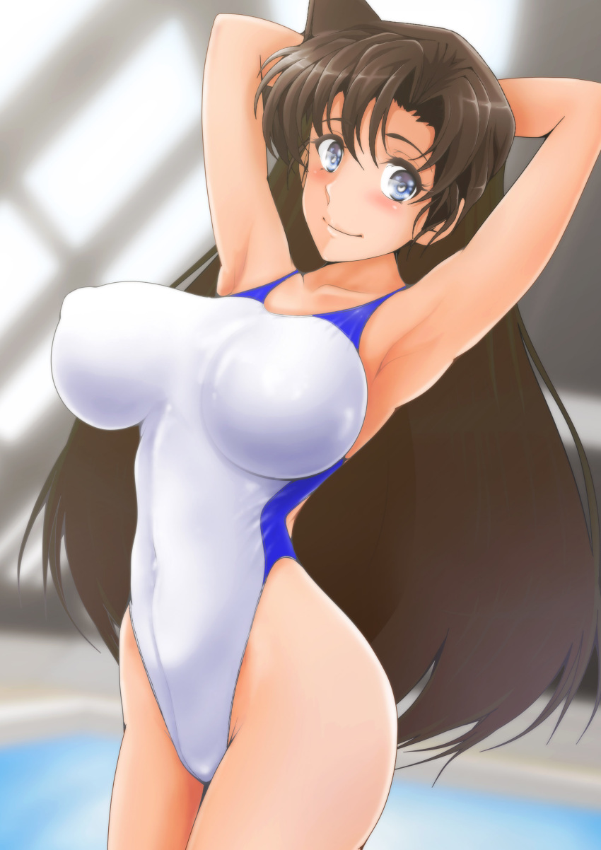 1girl absurdres armpits blue_eyes blurry blurry_background breasts brown_hair competition_swimsuit covered_nipples cowboy_shot highleg highleg_swimsuit highres indoors large_breasts long_hair meitantei_conan mouri_ran nanashi_noiji one-piece_swimsuit presenting_armpit rei_no_pool solo swimsuit white_one-piece_swimsuit