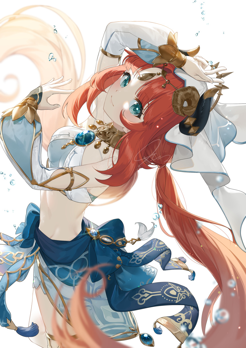 1girl absurdres arm_up bangs blue_gemstone blush breasts brooch cowboy_shot crop_top cropped_legs dancer dancing detached_sleeves floating_hair forehead_jewel from_above gem genshin_impact glint gold_choker gold_trim green_eyes hand_on_own_head harem_outfit highres horns jewelry kkopoli long_hair long_sleeves looking_at_viewer looking_up low_twintails medium_breasts midriff nilou_(genshin_impact) parted_bangs puffy_long_sleeves puffy_sleeves red_hair signature simple_background skirt sleeves_past_wrists solo twintails vambraces veil vision_(genshin_impact) water_drop white_background