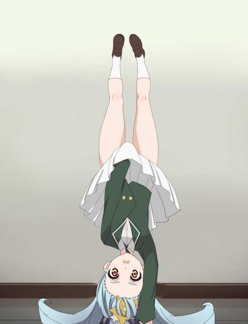 1boy blazer blue_hair brown_footwear buttons commentary dot_nose eg_si green_jacket hair_ornament handstand highres hoshikawa_lily indoors jacket legs light_blue_hair light_blush long_hair long_sleeves looking_at_viewer lycoris_recoil open_mouth otoko_no_ko shirt shoes skirt skirt_hold socks star_(symbol) star_hair_ornament teeth thick_eyebrows thighs twintails upper_teeth wall white_background white_shirt white_skirt white_socks wing_collar yellow_eyes zombie_land_saga
