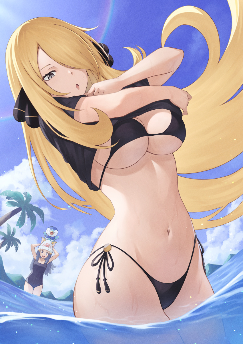 2girls :o absurdres beanie bikini black_bikini black_one-piece_swimsuit black_shirt blonde_hair blue_sky breasts clothes_lift cloud crossed_arms cynthia_(pokemon) dawn_(pokemon) day floating_hair grey_eyes hair_ornament hair_over_one_eye hat highres large_breasts lifted_by_self long_hair looking_at_viewer mihiro_(mitumitu3232ish) multiple_girls navel on_head open_mouth outdoors palm_tree piplup pokemon pokemon_(creature) pokemon_(game) pokemon_dppt pokemon_on_head rainbow shirt shirt_lift side-tie_bikini sky solo_focus stomach swimsuit tree very_long_hair wading water