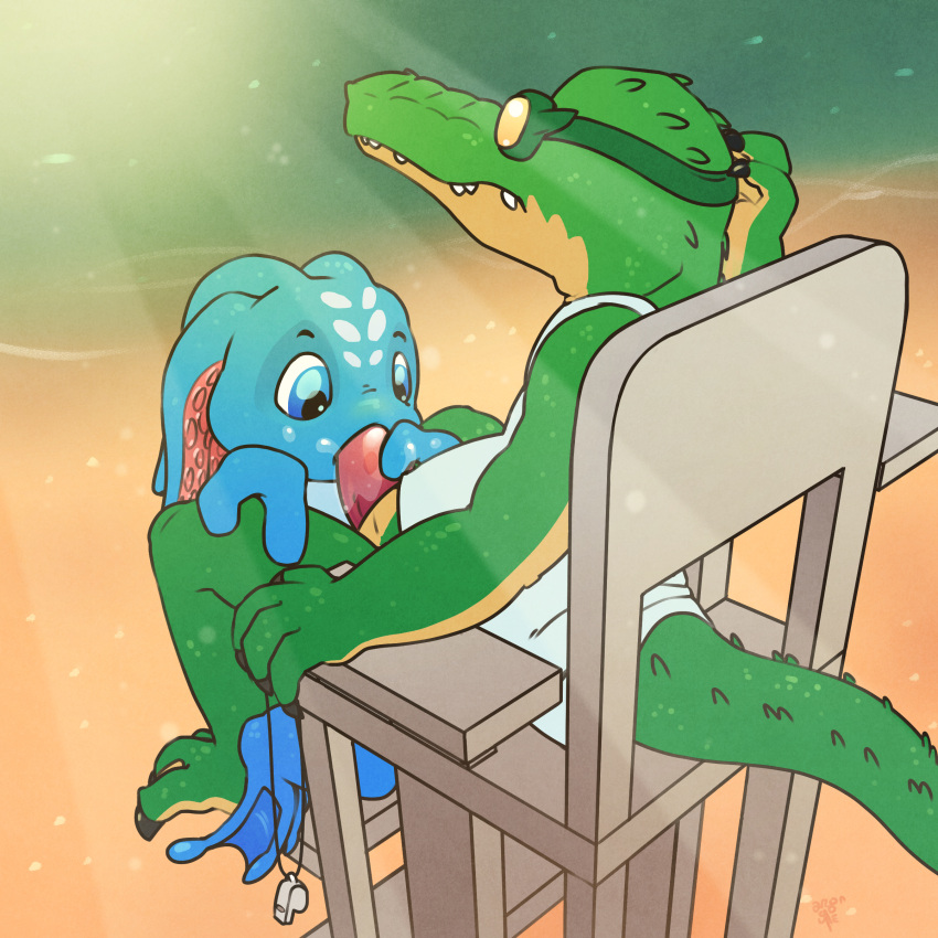 1:1 absurd_res anthro argon_vile beach bodily_fluids clothed clothing crocodile crocodilian crocodylid digital_media_(artwork) duo erection eyewear fangs fellatio fish fizz_(lol) genitals goggles hand_on_head hi_res league_of_legends lifeguard lifeguard_tower male male/male male_penetrated male_penetrating male_penetrating_male marine nude oral outside penetration penile penis renekton reptile riot_games saliva scalie seaside sex shirt topwear video_games whistle yordle