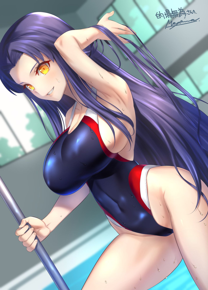 1girl bangs blue_hair blue_one-piece_swimsuit blush breasts cleavage commission competition_swimsuit covered_navel dark_blue_hair from_side hand_in_own_hair handrail highres large_breasts long_hair looking_at_viewer makishima_azusa one-piece_swimsuit orange_eyes original parted_bangs pool second-party_source skeb_commission smile solo swimsuit