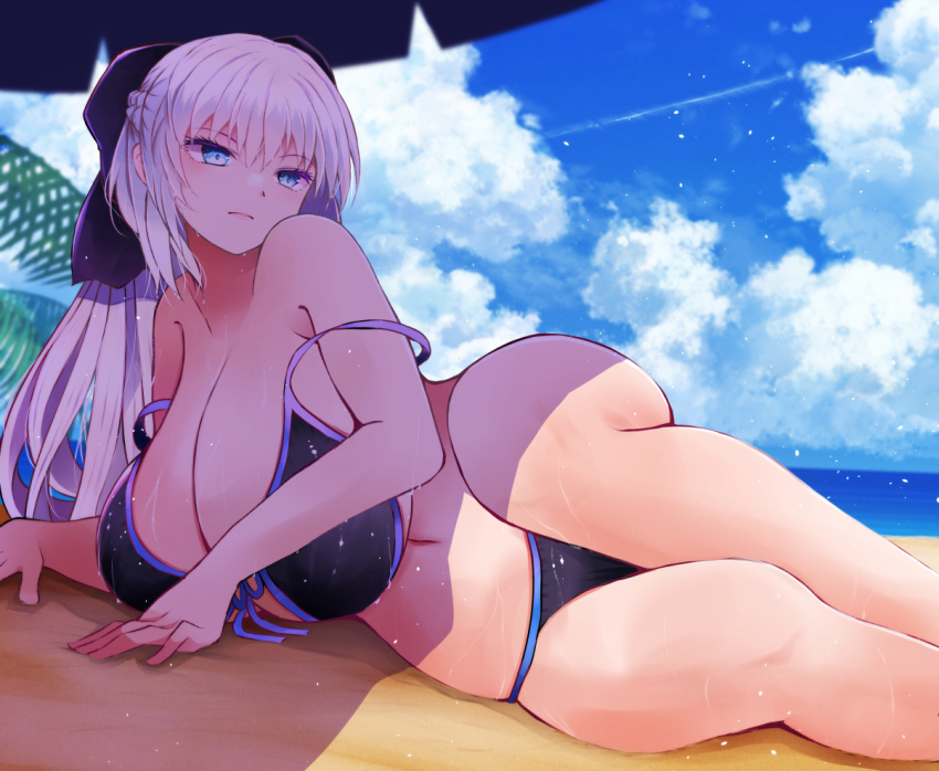 1girl arano_oki bare_shoulders bikini black_bow blue_eyes blush bow braid breasts cleavage fate/grand_order fate_(series) french_braid huge_breasts long_hair looking_at_viewer morgan_le_fay_(fate) navel off_shoulder ponytail solo strap_slip swimsuit thighs white_hair