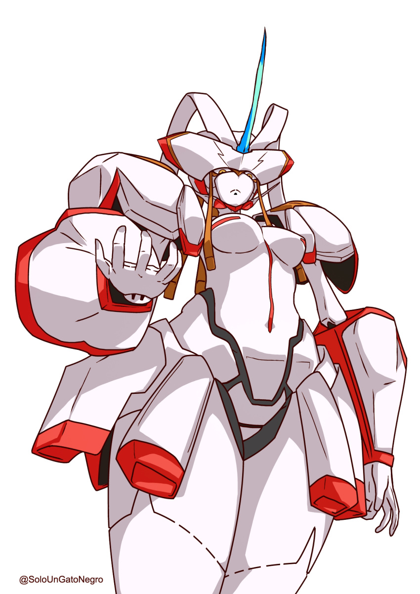 1girl armor breasts colored_skin darling_in_the_franxx highres horns humanoid_robot mecha_musume medium_breasts no_nipples robot shoulder_armor single_horn solo soloungatonegro strelizia thighs white_skin yellow_eyes