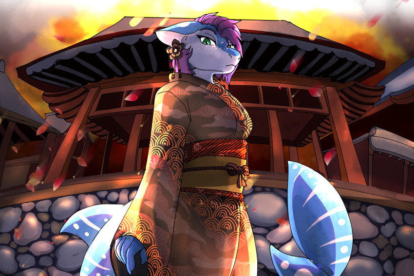 absurd_res anthro asian_clothing blue_body blue_skin carpet_shark clothing detailed_background east_asian_clothing female fish green_eyes hair hi_res japanese_clothing japanese_shrine ketzel99 kimono looking_down_at_viewer marine markings purple_hair rigel_(1stsavagery) shark solo thick_tail whale_shark white_body white_markings white_skin