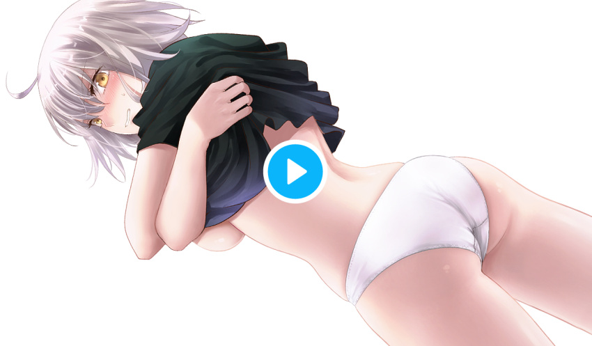 1girl blush fate/grand_order fate_(series) jeanne_d'arc_alter_(fate) panties play_button simple_background sushimaro underwear undressing white_background white_hair white_panties yellow_eyes