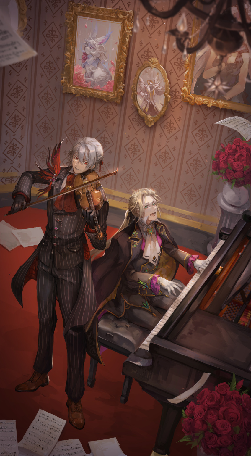 2boys absurdres adapted_costume antonio_salieri_(fate) antonio_salieri_(second_ascension)_(fate) ascot black_gloves black_ribbon blonde_hair blurry blurry_foreground bow_(music) brooch chandelier coat coat_on_shoulders coattails cross fang fate/grand_order fate_(series) fleur_de_lis flower formal fou_(fate) frilled_sleeves frills gloves green_eyes grey_hair hair_between_eyes hair_intakes hair_ribbon hakuyo_99 highres indoors instrument jewelry light_particles long_hair long_sleeves looking_at_another male_focus marie_antoinette_(fate) marie_antoinette_(formal_dress)_(fate) multiple_boys music open_mouth piano piano_bench pillar pinstripe_pattern pinstripe_suit playing_instrument playing_piano ponytail portrait_(object) red_ascot red_eyes red_flower red_ribbon red_rose ribbon ring rose sheet_music short_hair sitting skin_fang slit_pupils smile standing striped suit vase violin white_ascot white_gloves wolfgang_amadeus_mozart_(fate)