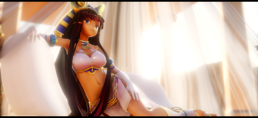 1girl 3d absurdres bangs bare_shoulders black_hair blue_eyes blunt_bangs bra collar dark-skinned_female dark_skin day egyptian egyptian_clothes egyptian_hat eyelashes feet gloves hand_up hat highres indoors kaki long_glove long_hair lying mme natsuka navel open_mouth pharaoh ramesses rui_cg skirt solo_focus stomach sunlight teeth thighs underwear very_long_hair white_bra white_gloves yyb