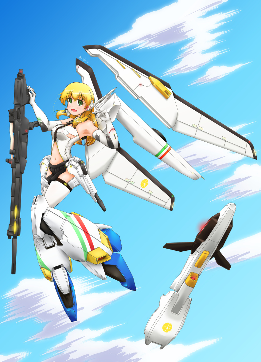 1girl absurdres adapted_costume bangs black_necktie black_skirt blonde_hair blue_sky breasts carpaccio_(girls_und_panzer) clothing_cutout cloud cloudy_sky collar day detached_collar elbow_gloves flying full_body girls_und_panzer gloves green_eyes gundam gundam_sentinel headgear headset highres long_hair looking_at_viewer mecha_musume medium_breasts navel necktie open_mouth outdoors pleated_skirt shirt skirt sky sleeveless sleeveless_shirt smile solo twitter_username w weapon white_collar white_gloves white_shirt wing_collar zeta_plus zetto-plus